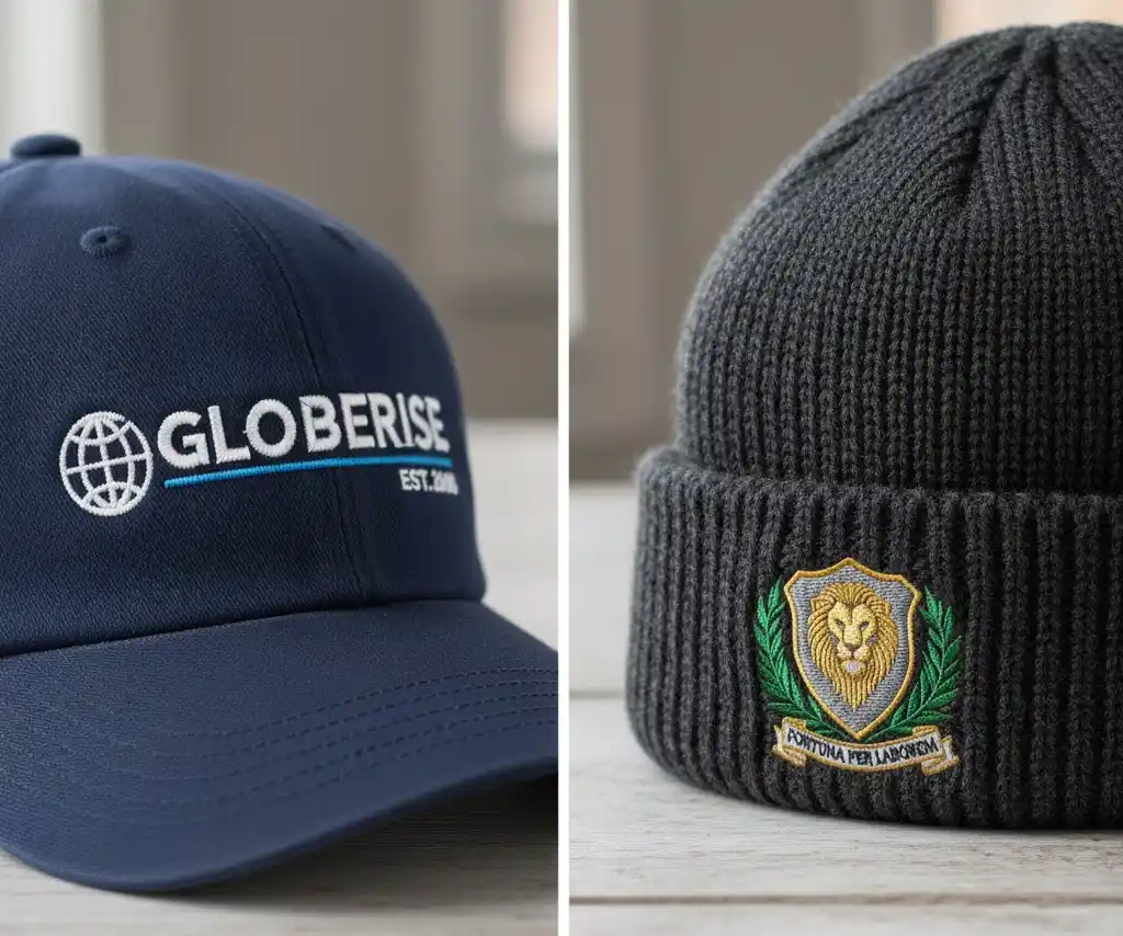 Close-up comparison of 3D puff embroidery vs. a woven patch on a hat.