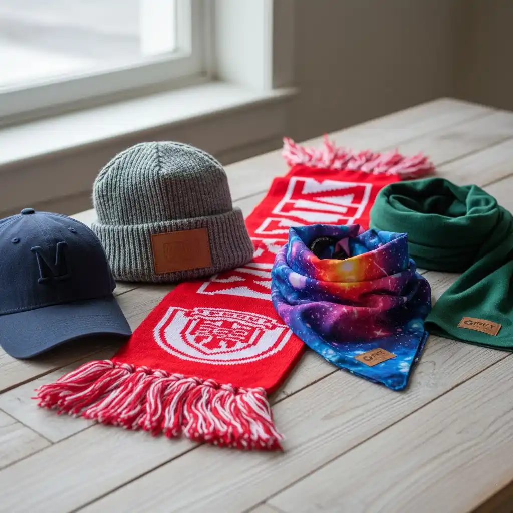 A collection of custom headwear and neckwear.