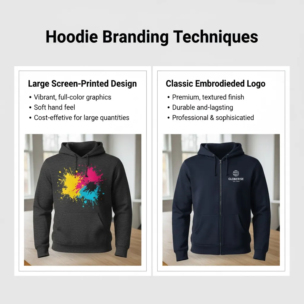 A comparison of two branding techniques on hoodies: one with a large screen-printed design, and another with a classic embroidered logo.
