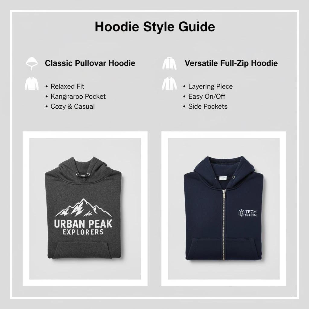 A side-by-side view of a classic pullover hoodie and a versatile full zip-up hoodie.