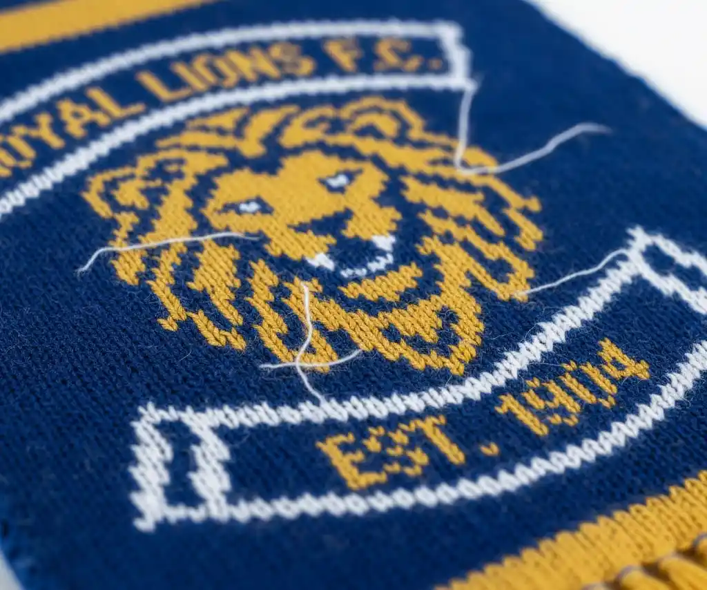 A detailed macro shot of a jacquard knitted scarf showing the woven structure.