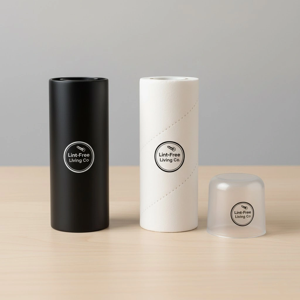 Lint roller shown with protective outer casing.