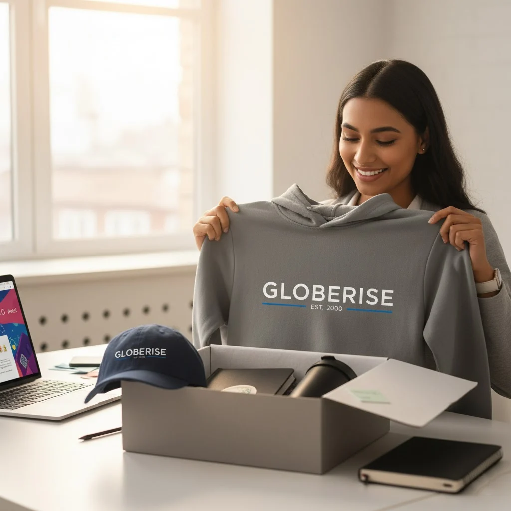 A new employee smiling as they unbox a welcome kit, holding up a custom-branded company hoodie.