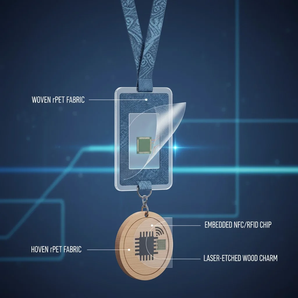 A close-up cutaway view showing an NFC chip embedded securely within a PVC lanyard tag.