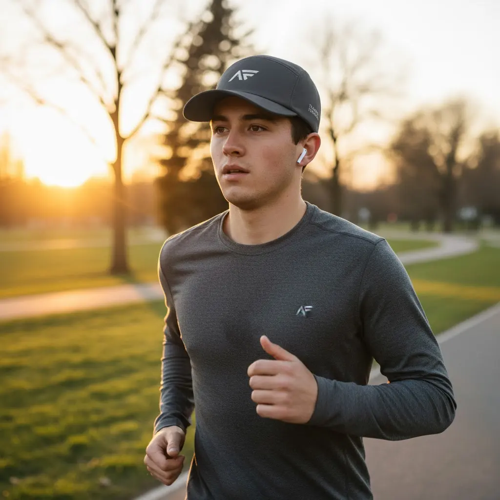A sleek performance polyester cap, showing its lightweight and moisture-wicking properties, being worn during a run.