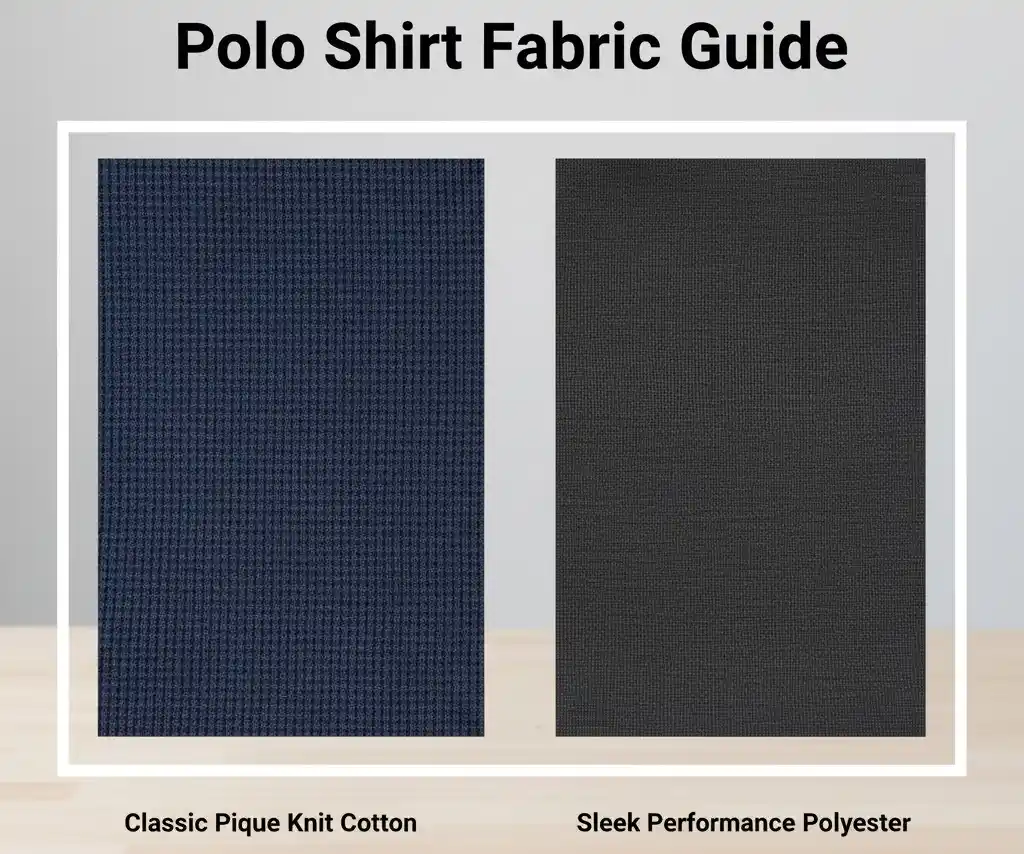 A swatch comparison of polo shirt fabrics, including classic pique knit cotton and a sleek, modern performance polyester.