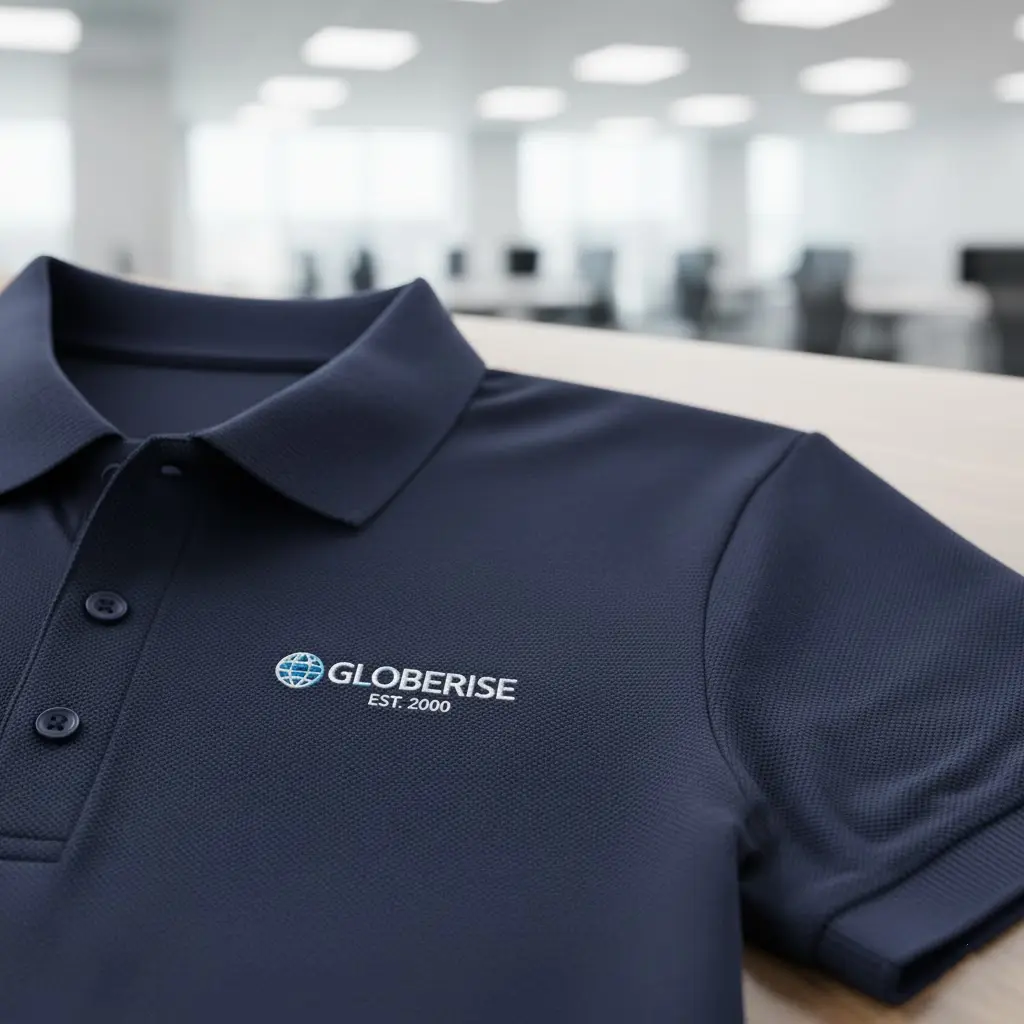 A close-up of the details on a custom polo shirt, including the ribbed collar and button placket.