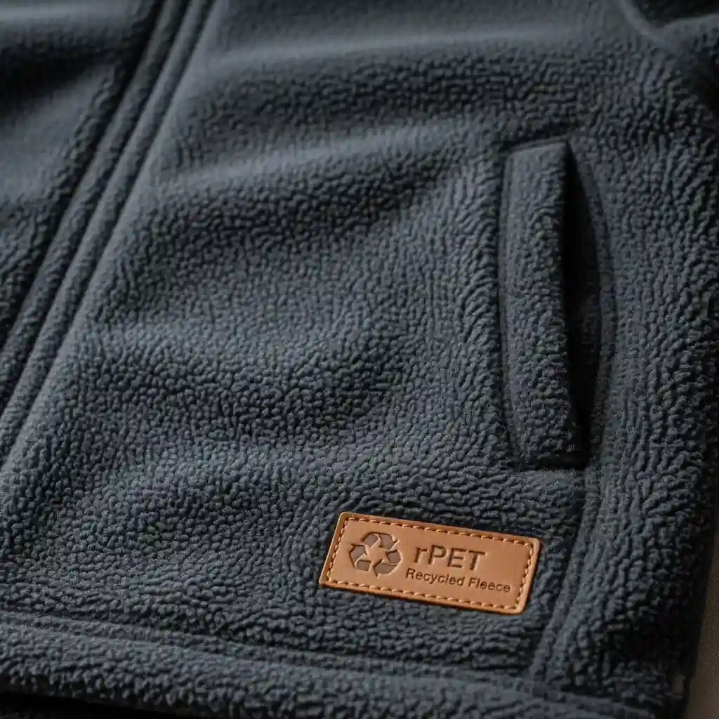 A macro shot of a plush, anti-pill recycled fleece jacket, showcasing its soft and warm texture.