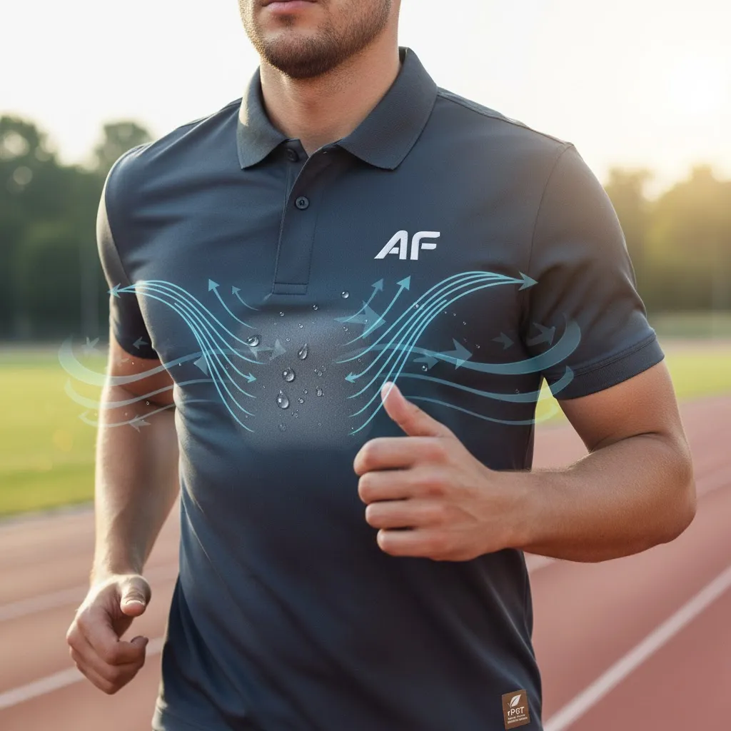 A moisture-wicking rPET performance polo shirt, with a graphic showing moisture being pulled away from the fabric.