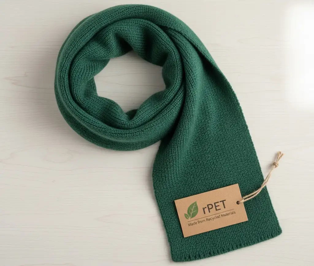A soft, high-quality knitted scarf made from rPET yarn, with a small tag indicating its recycled origin.
