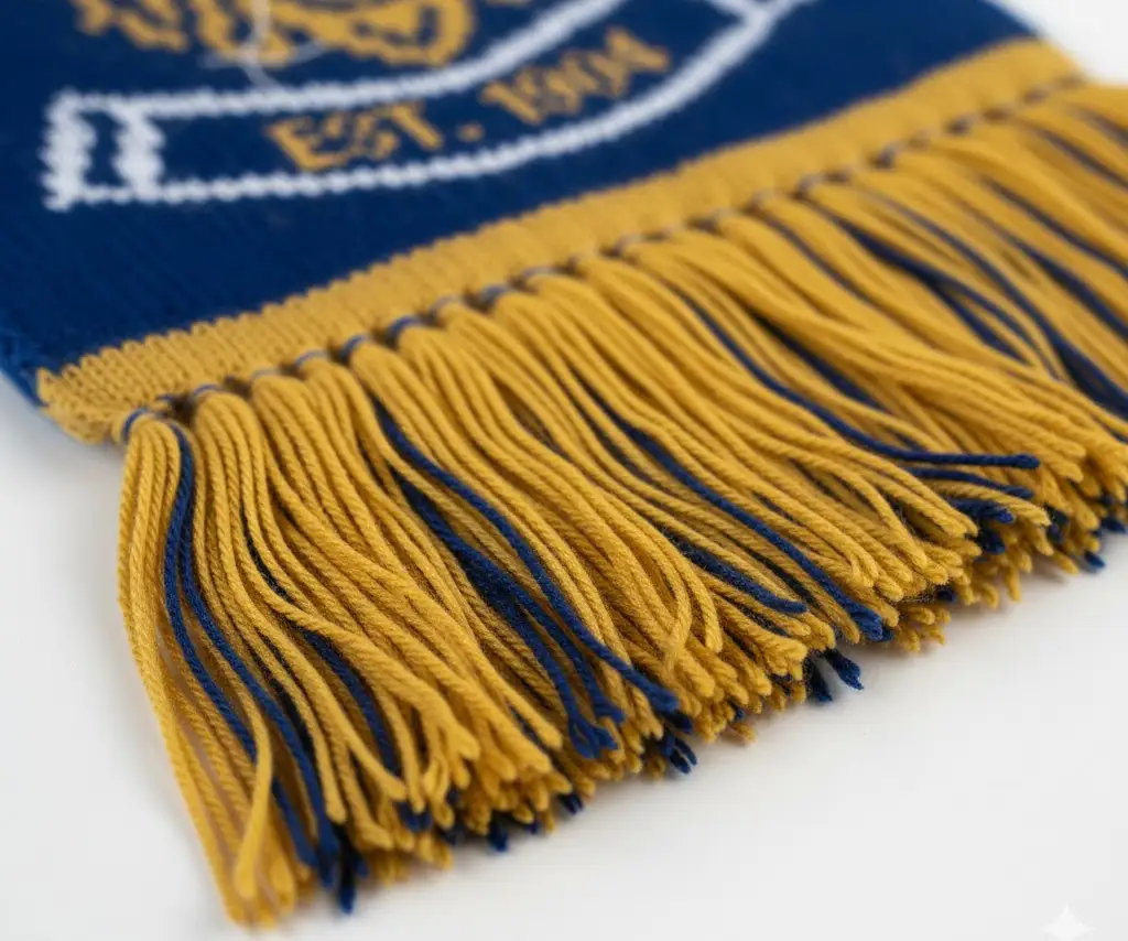 Close up of the fringe tassels on the end of a scarf.