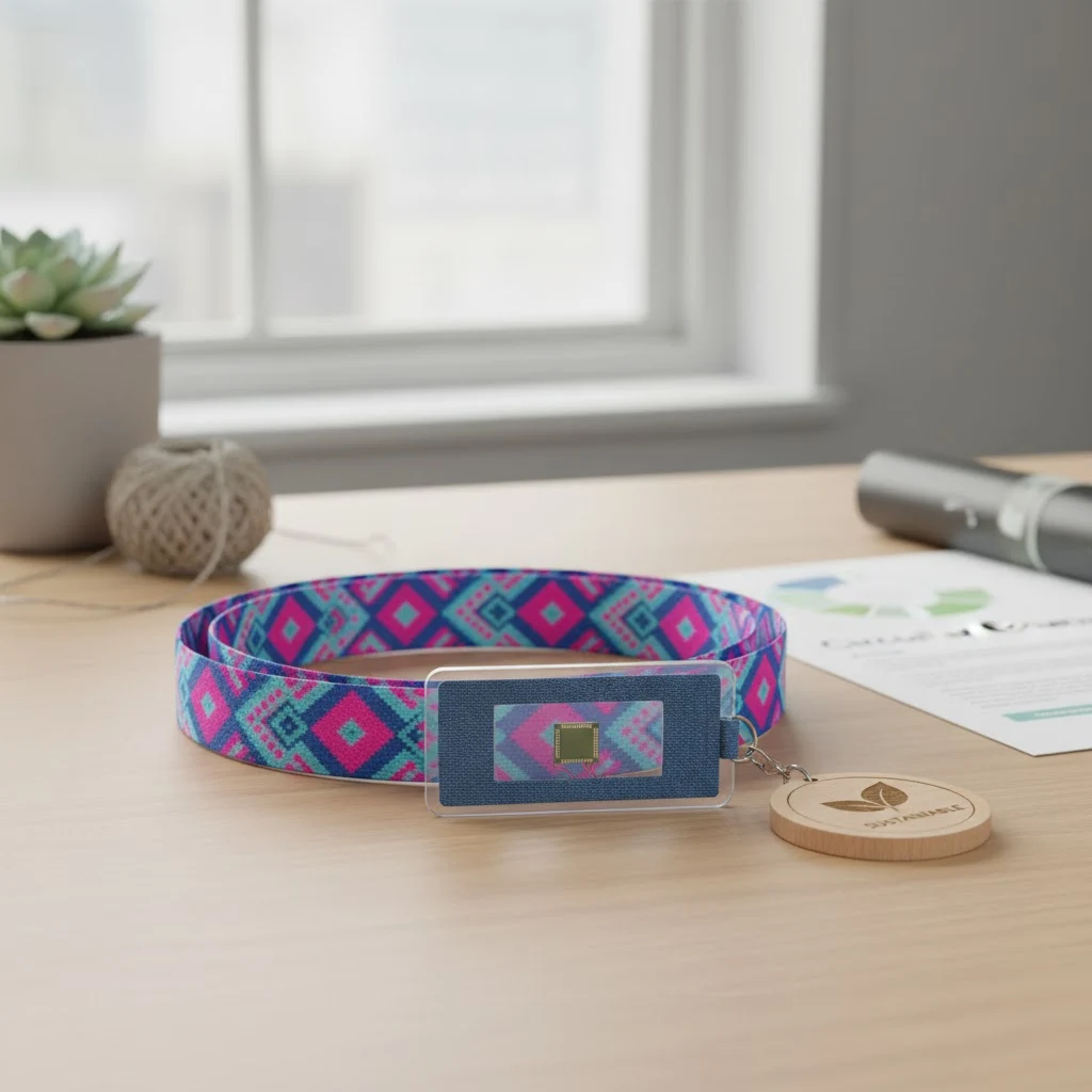 A vibrant custom smart lanyard made from rPET material, showing the chip location inside the fabric branding area.