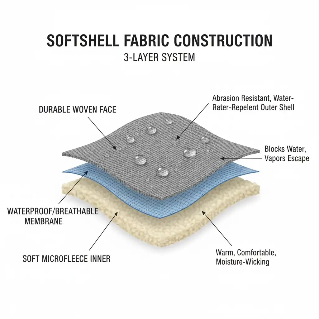 A detailed diagram showing the three layers of a softshell fabric: outer shell, TPU membrane, and microfleece lining.