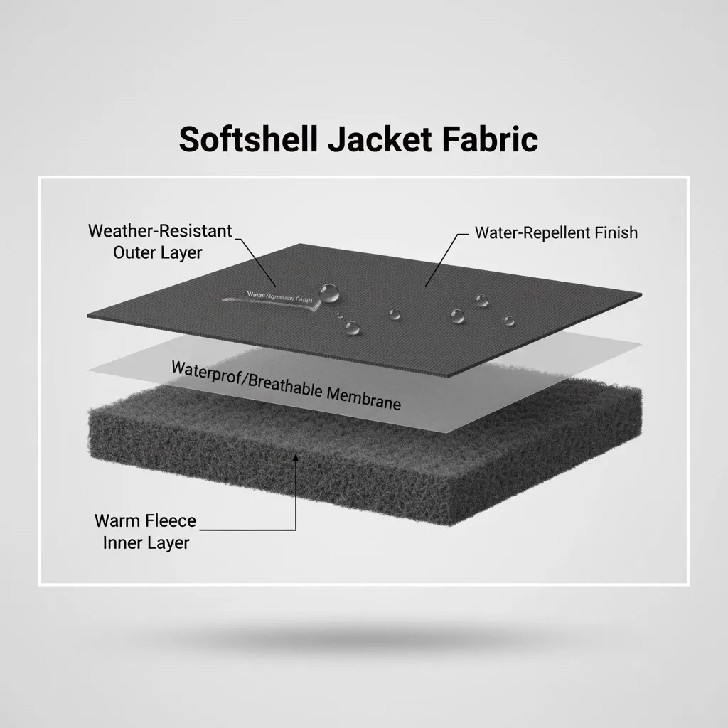 A cross-section diagram of a softshell jacket fabric, showing the weather-resistant outer layer and the soft fleece inner layer.