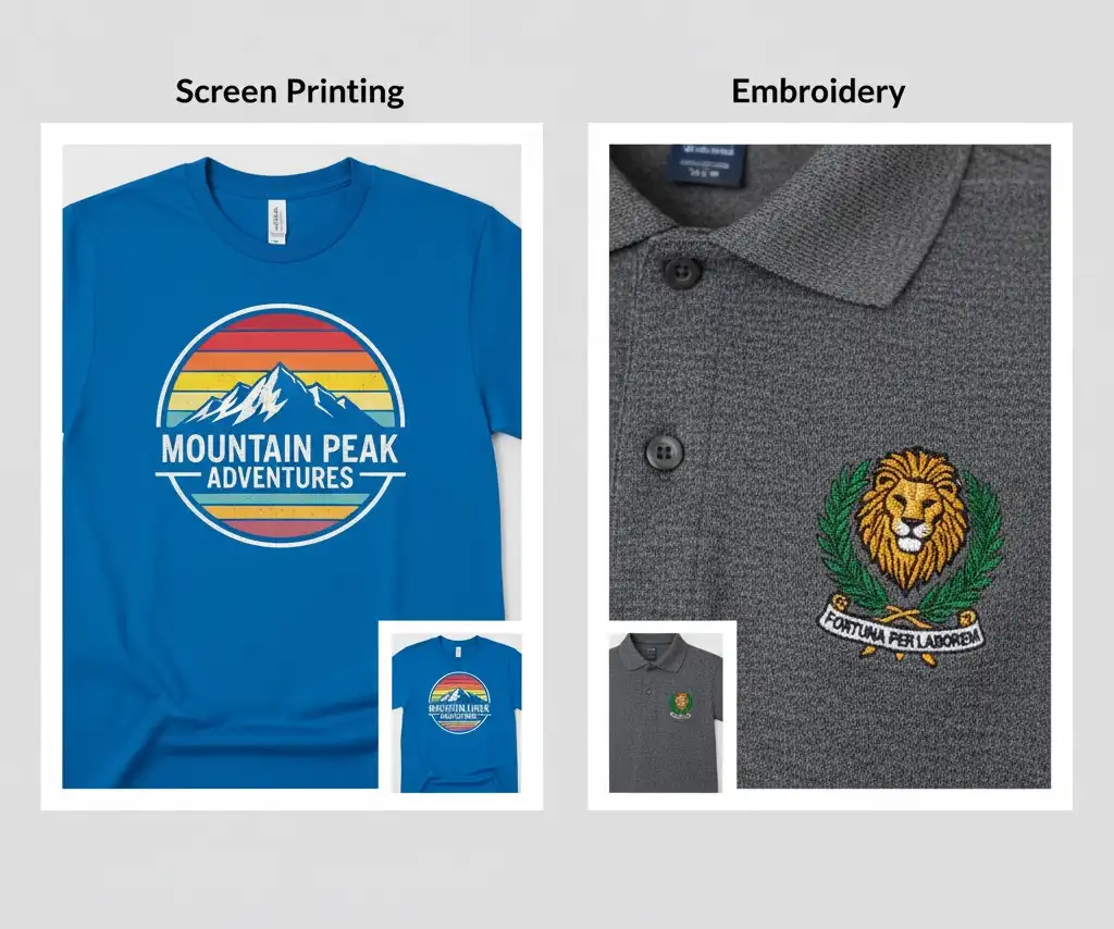 A side-by-side comparison of a t-shirt with a crisp screen-printed logo and another with a detailed embroidered crest.