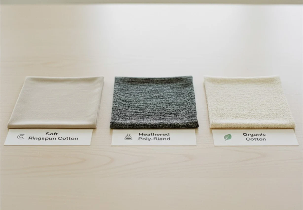 A swatch comparison of different t-shirt fabrics, including soft ringspun cotton and a heathered poly-blend.