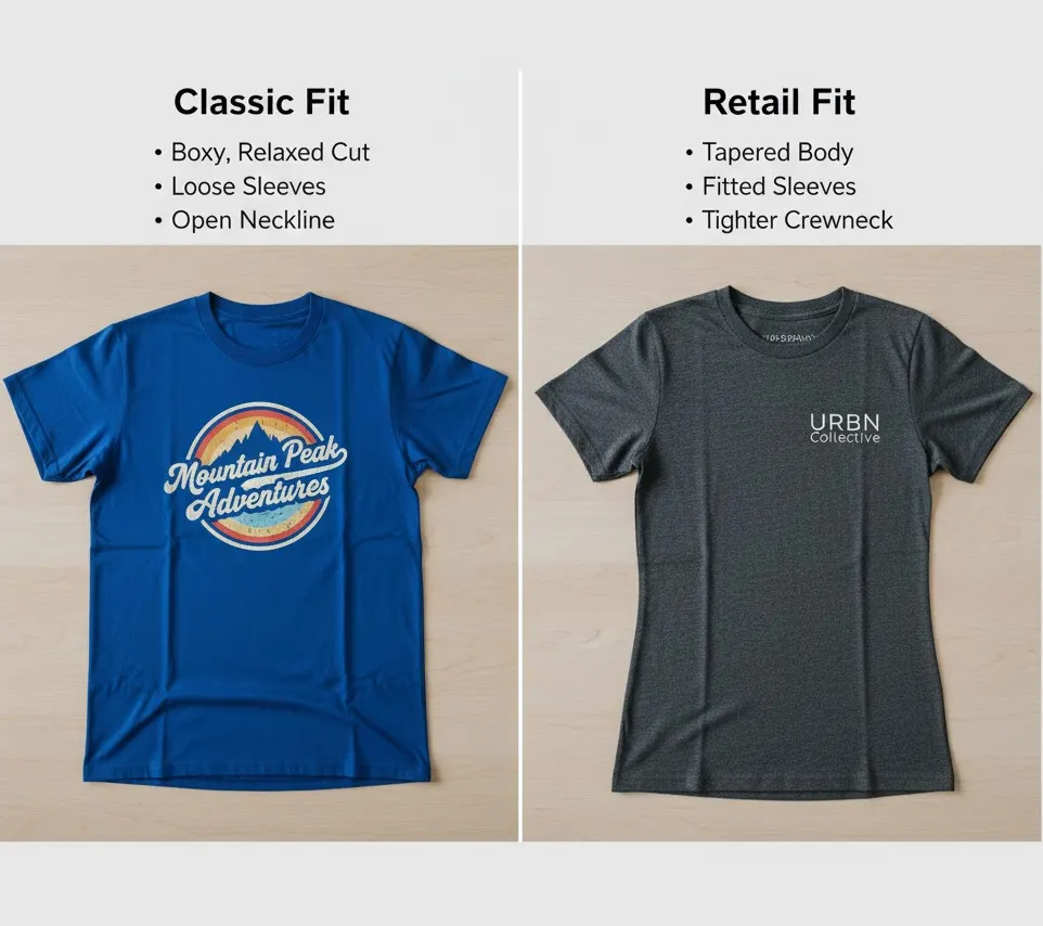 A visual comparison showing a boxy classic fit t-shirt next to a more tailored, modern retail fit t-shirt.