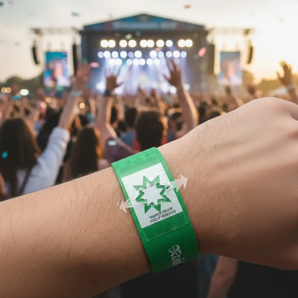 A close-up of a Tyvek wristband's tamper-proof adhesive closure, showing the security cuts that prevent it from being reused.