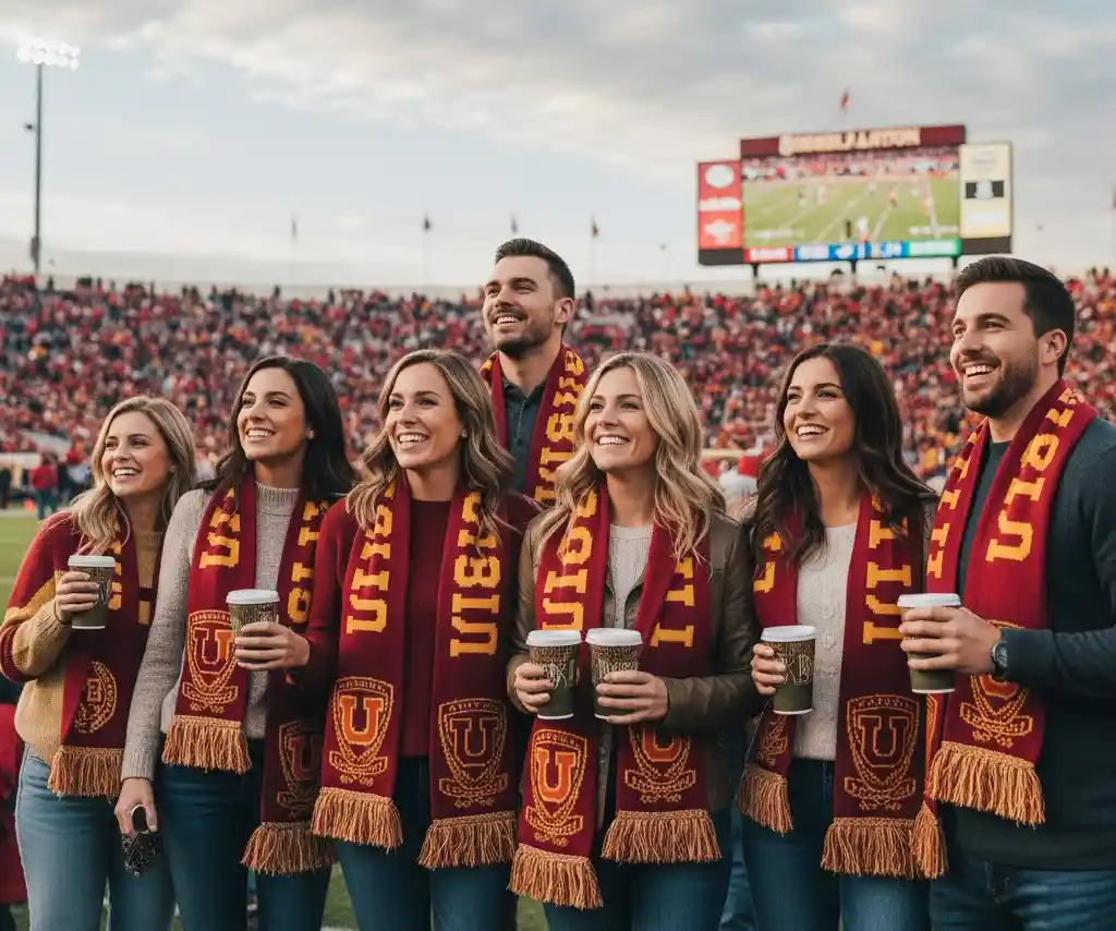 A group of university alumni at a homecoming game, all proudly wearing custom knitted scarves with their alma mater's colors and crest.