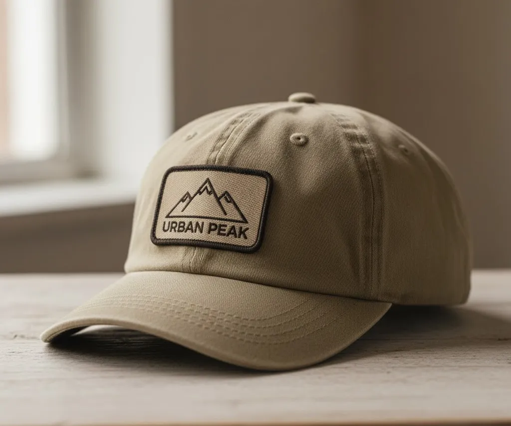 A relaxed, unstructured 'dad hat' with a casual fit, featuring a stylish woven patch with a modern logo.
