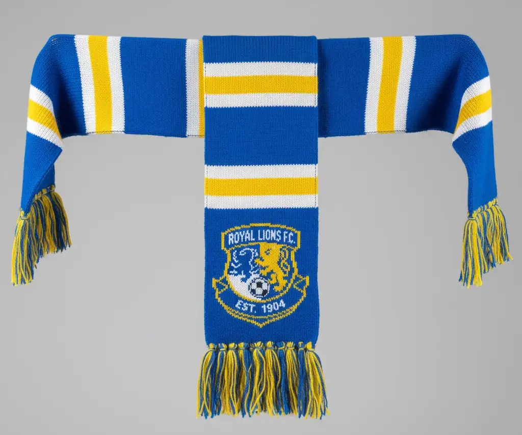 A brightly colored custom knitted soccer scarf made from vibrant acrylic yarn, showcasing its color accuracy.
