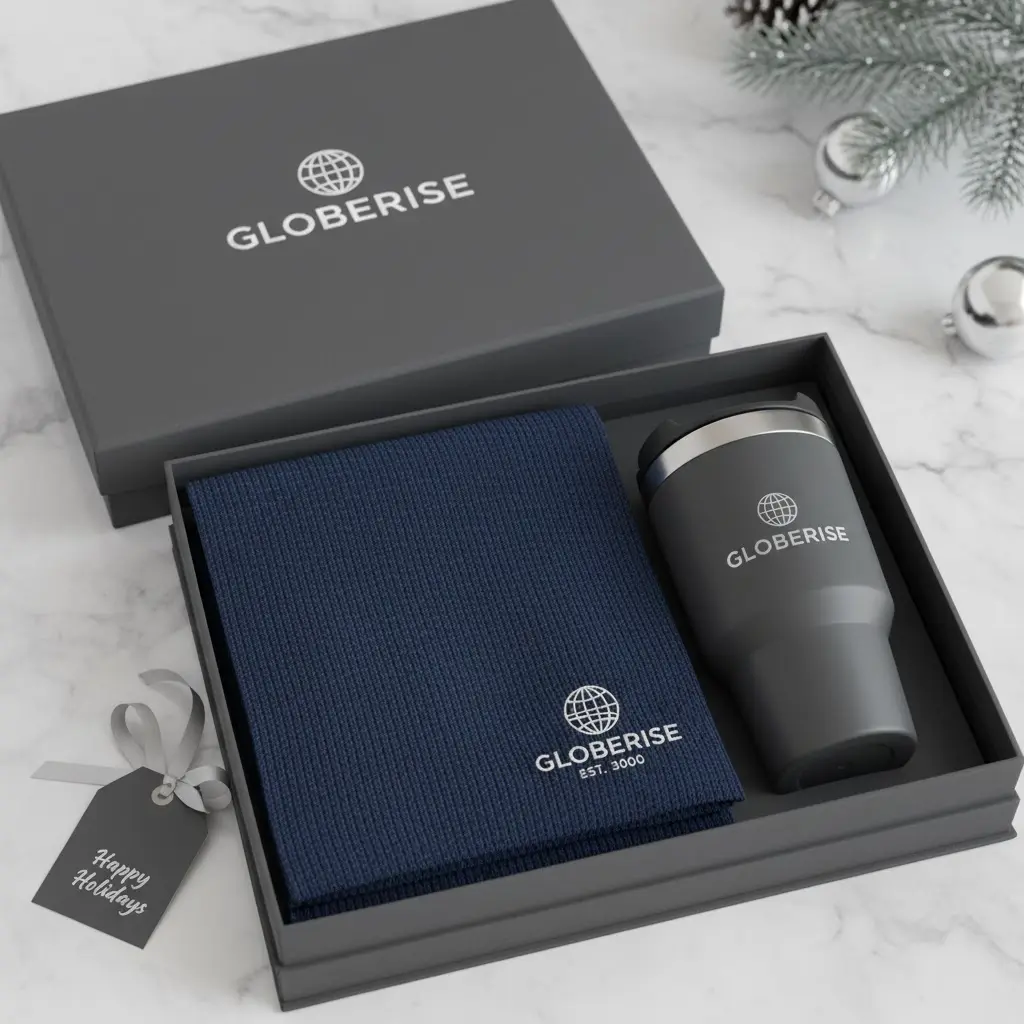 An elegant corporate holiday gift set featuring a custom-embroidered scarf neatly packaged in a box with a branded travel mug.