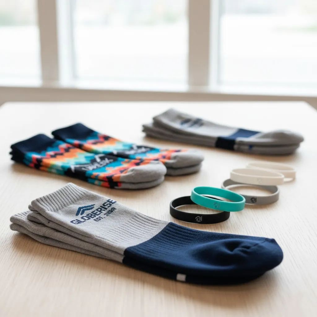 A collection of custom wearable accessories like socks and wristbands.