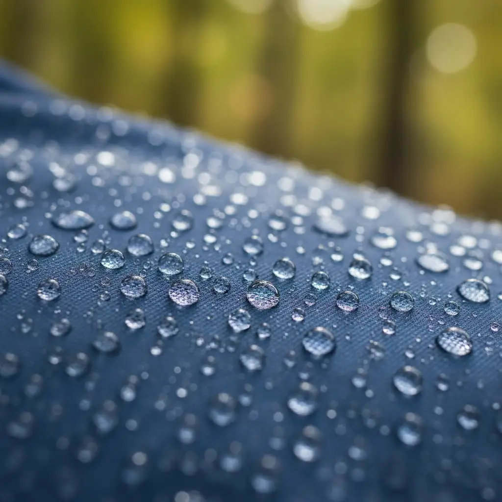 Close-up of water beading on DWR coated windbreaker fabric.