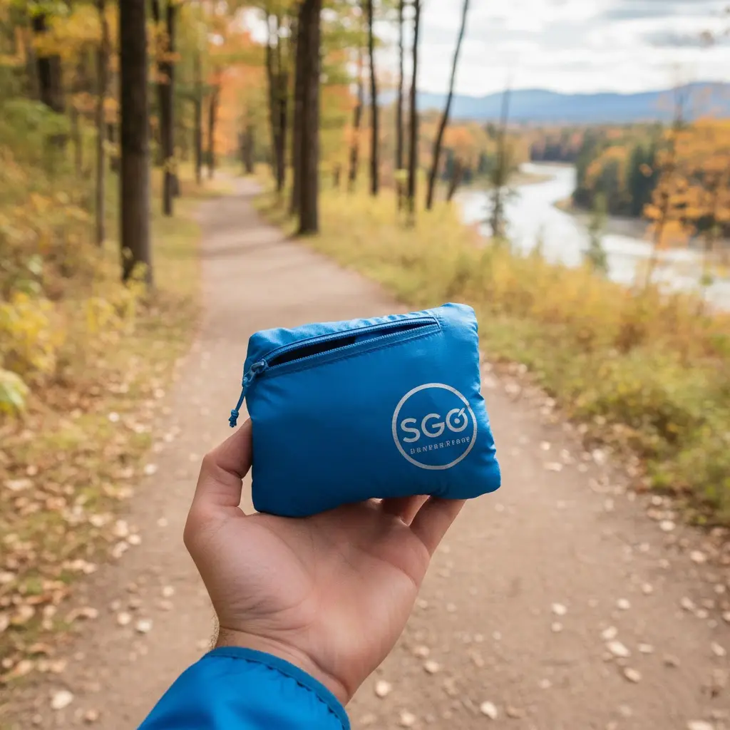 A custom windbreaker shown packed down neatly into its own zippered pocket.