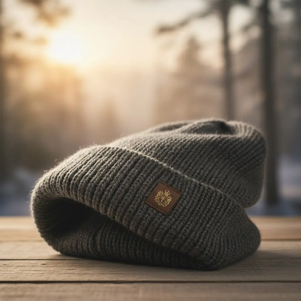 A luxurious, thick-knit beanie made from a wool blend, highlighting its rich, natural texture and superior warmth.