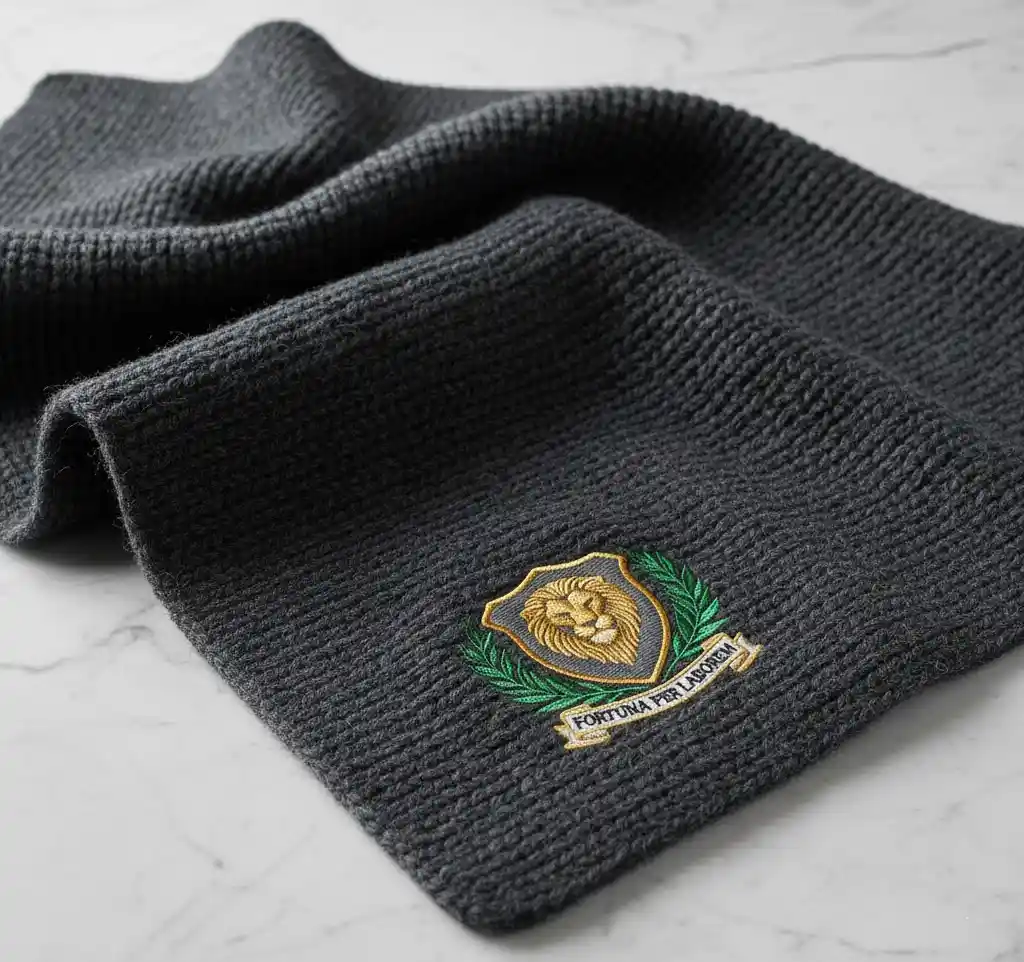 A luxurious, thick-knitted scarf made from a wool blend, showing its rich texture and a sophisticated embroidered logo.