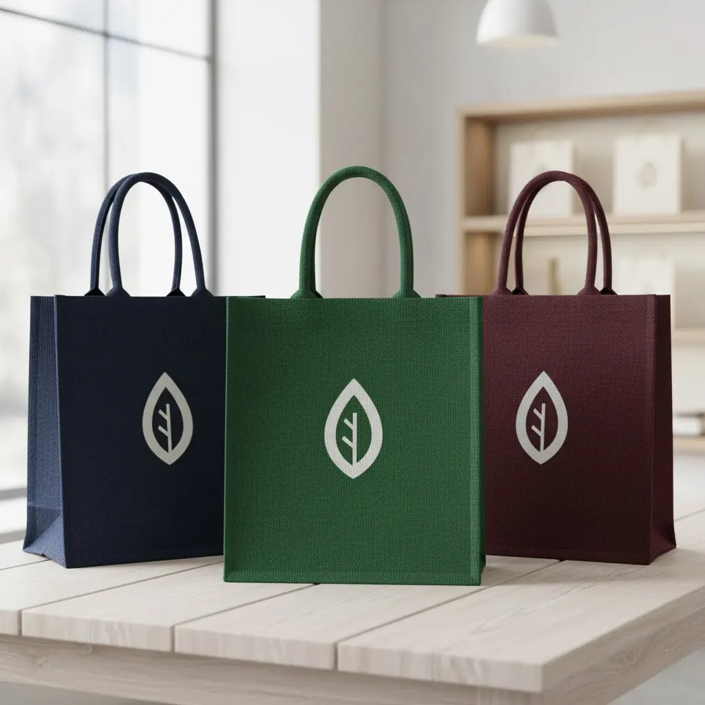A collection of jute shopping bags in bold, solid colors like navy blue, forest green, and burgundy, each with a simple white logo.