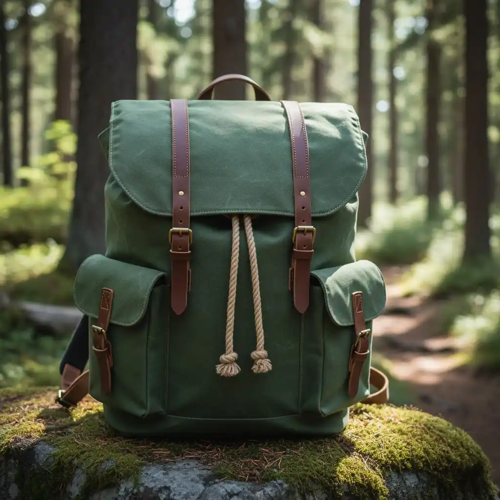 A classic canvas rucksack with a drawstring top and buckle flap.
