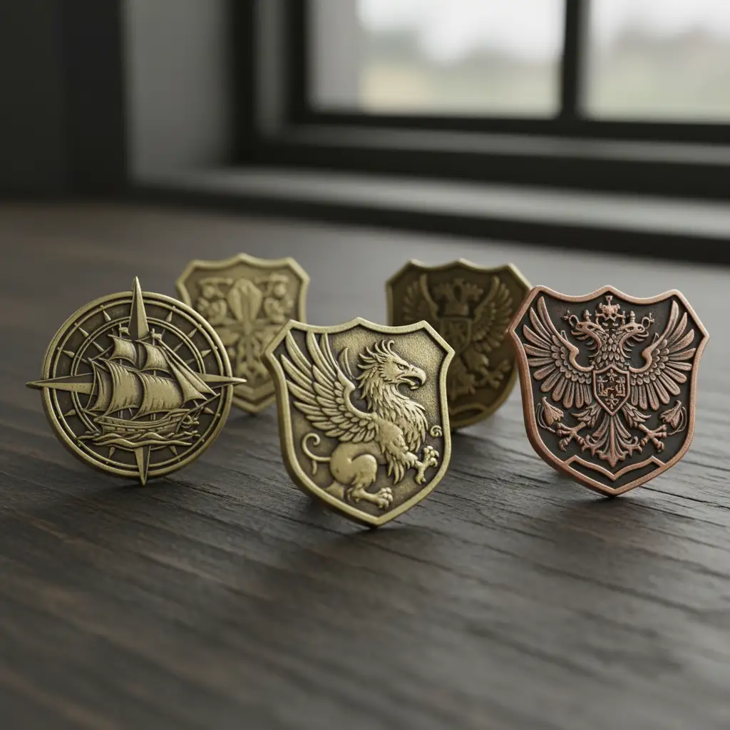 Custom metal pins with a die-struck process and antique plating (metal only).