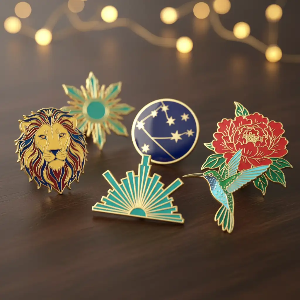 Collection of custom hard enamel pins with a smooth, polished, jewelry-like finish.