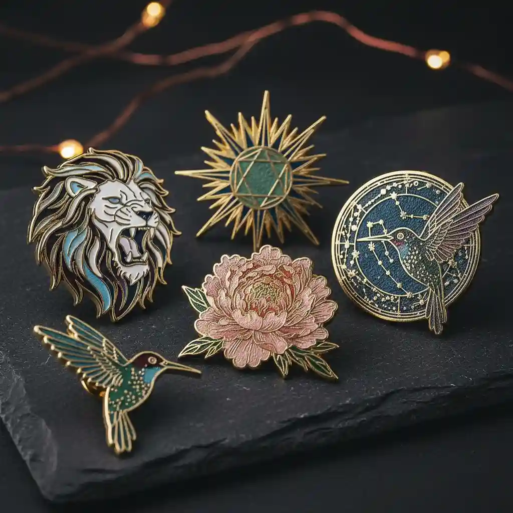 Collection of custom soft enamel pins showing recessed, textured color fills.