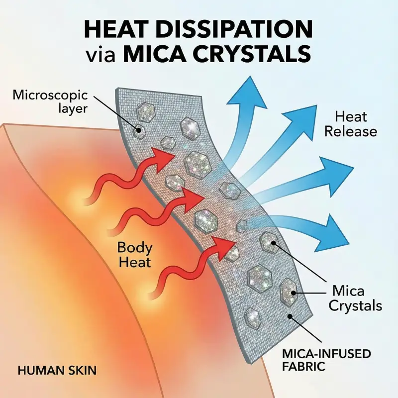 Diagram showing mica crystals in fabric pulling heat away from skin.
