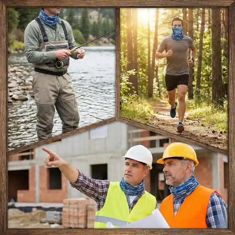 Collage of people fishing, running, and working outdoors wearing the gaiter.