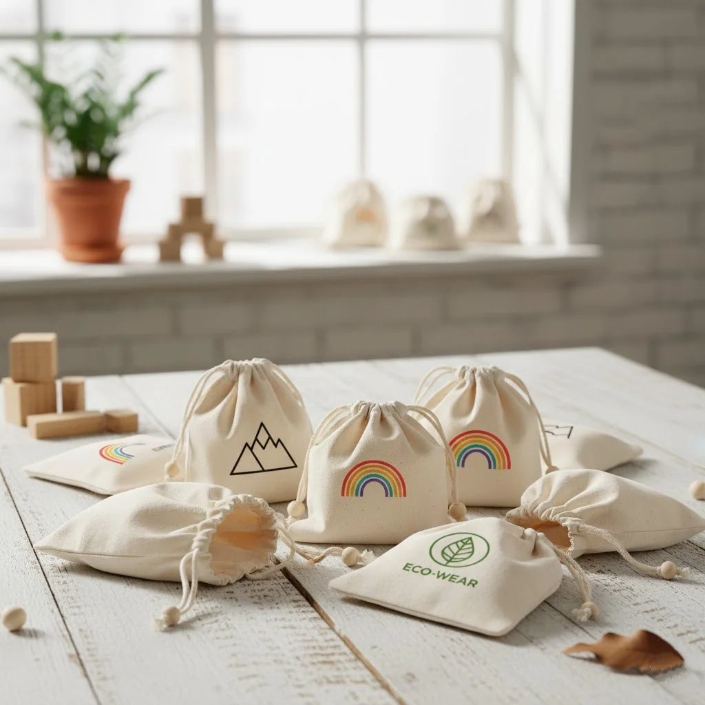 A collection of small, soft cotton drawstring pouches, some printed with logos.