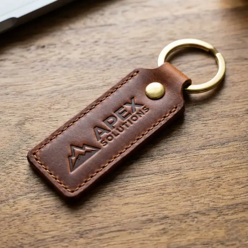 Elegant leather keychain with a metal ring and a debossed corporate logo.