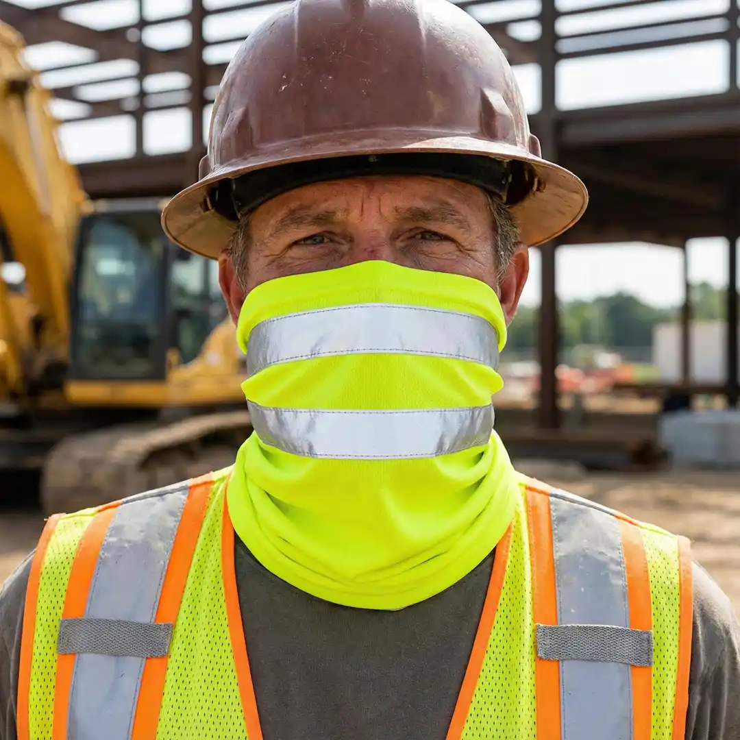 A construction worker wearing a neon yellow safety neck gaiter with reflective stripes.