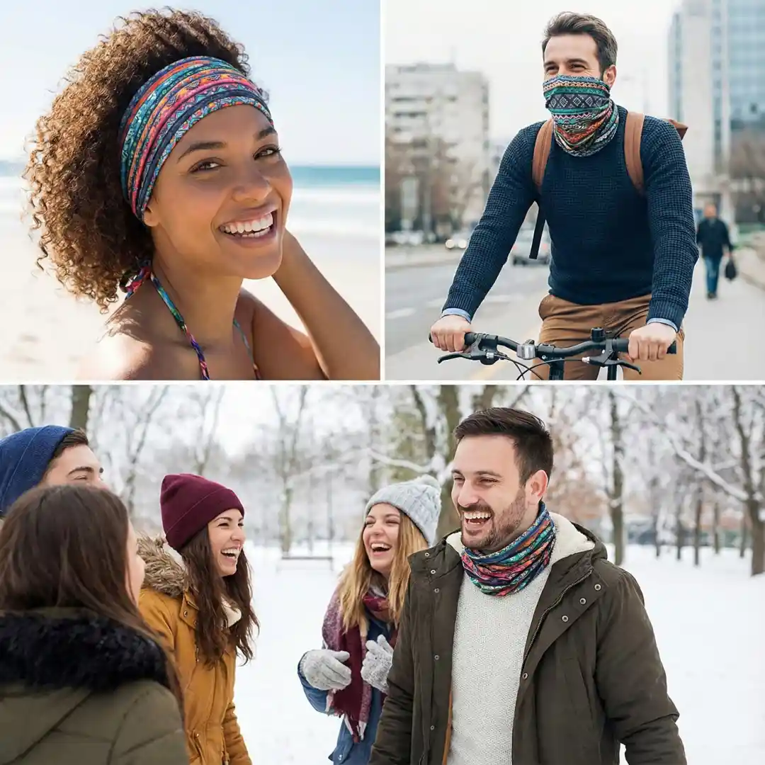 A vibrant collage showing different people happily using custom seamless magic headwear as a headband, face mask, and scarf.