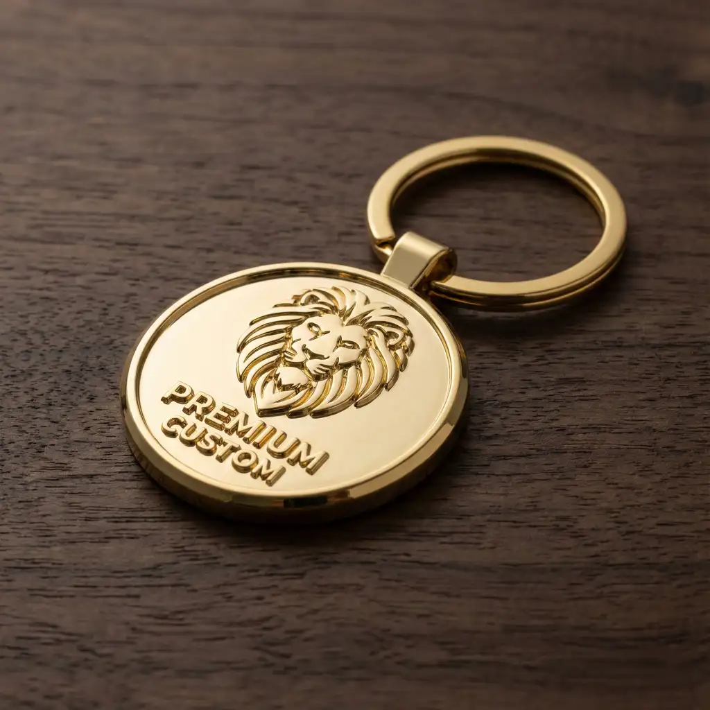 Premium custom zinc alloy metal keychain with 3D relief and gold plating.