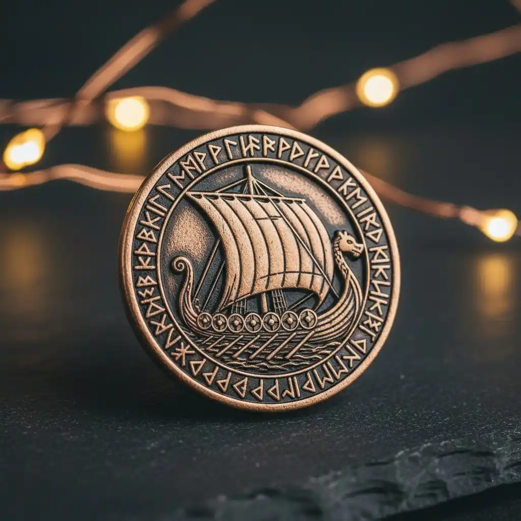 A die-struck pin with an antique bronze finish, showing dark recessed areas for high detail.