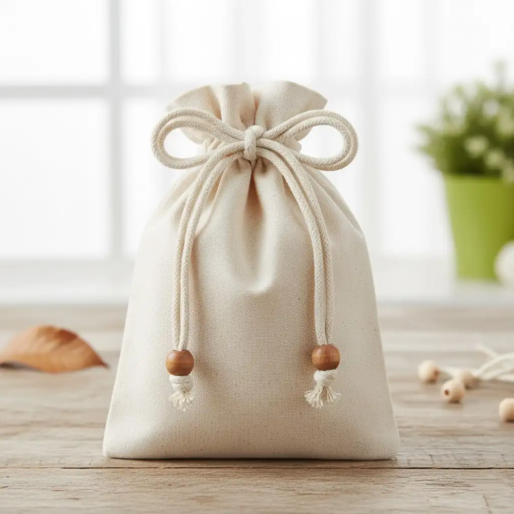A cotton pouch with a double drawstring (two cords) for a secure closure.