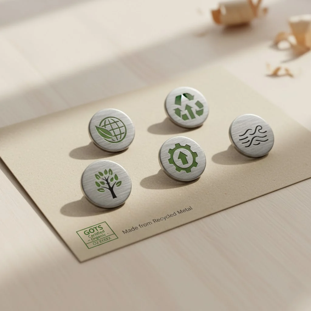 A collection of eco-friendly corporate lapel pins made from recycled metal, shown with a GOTS-certified backing card.