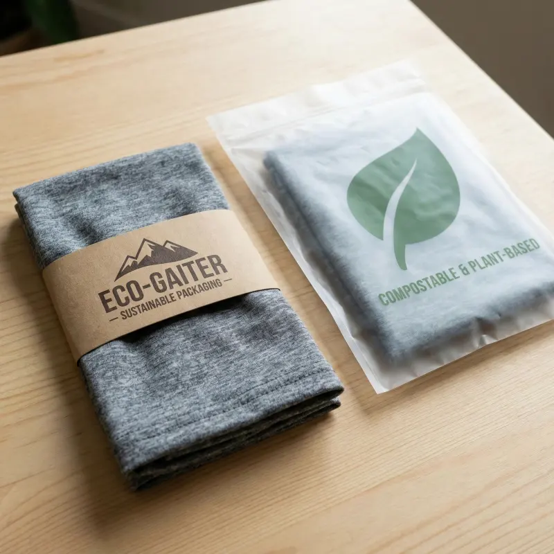 Kraft paper belly band and biodegradable polybag options for neck gaiters.