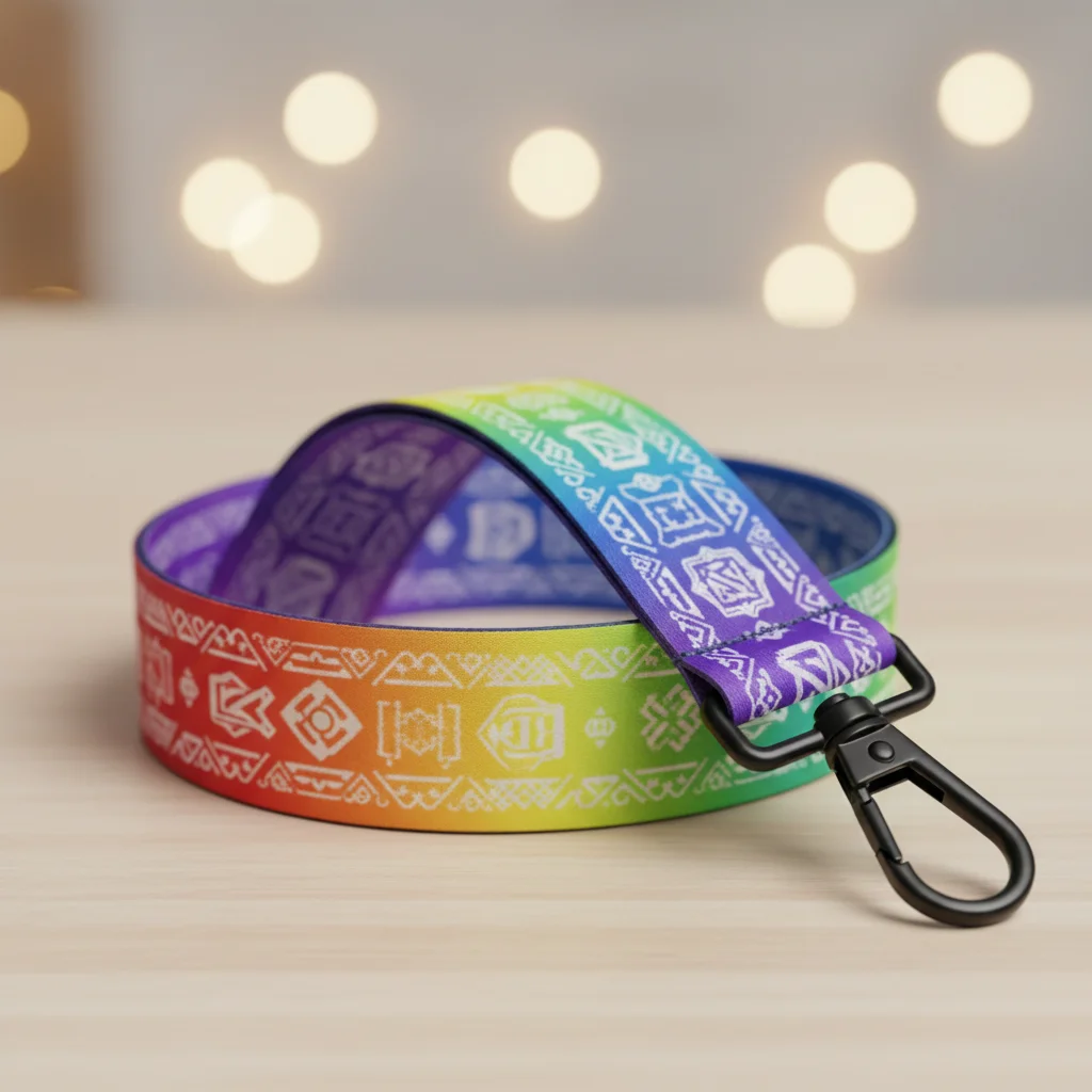 A custom lanyard displaying a vibrant rainbow gradient and complex logo pattern.