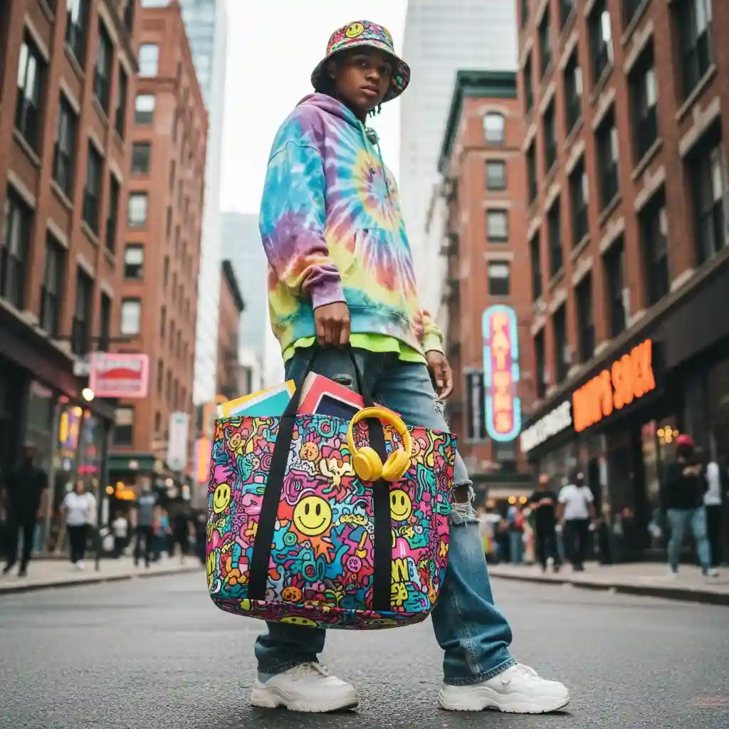 A vibrant, all-over-print canvas tote bag featuring a bold, colorful, and maximalist pattern, appealing to Gen-Z shoppers.