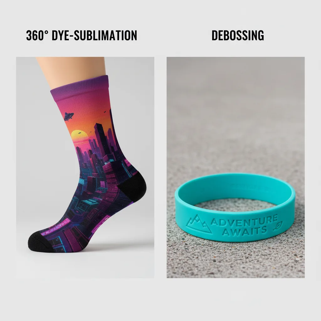 A comparison of 360° dye-sublimation on a sock and debossing on a silicone wristband.